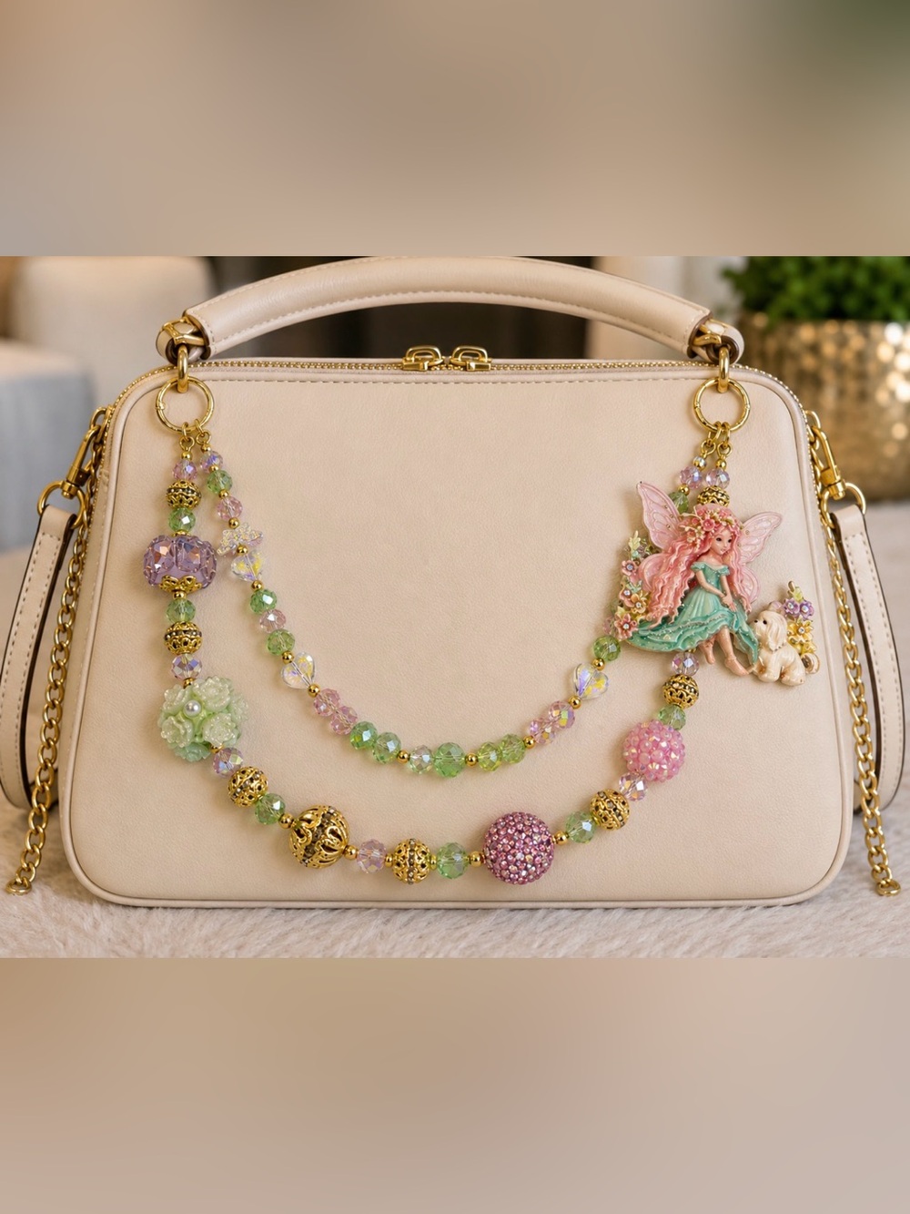 Pink Fairy Beaded Purse Charm with Gold Accents